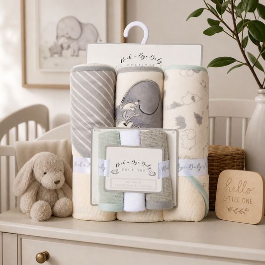 Baby gift set with blankets, plush toys, and decor items on a dresser.