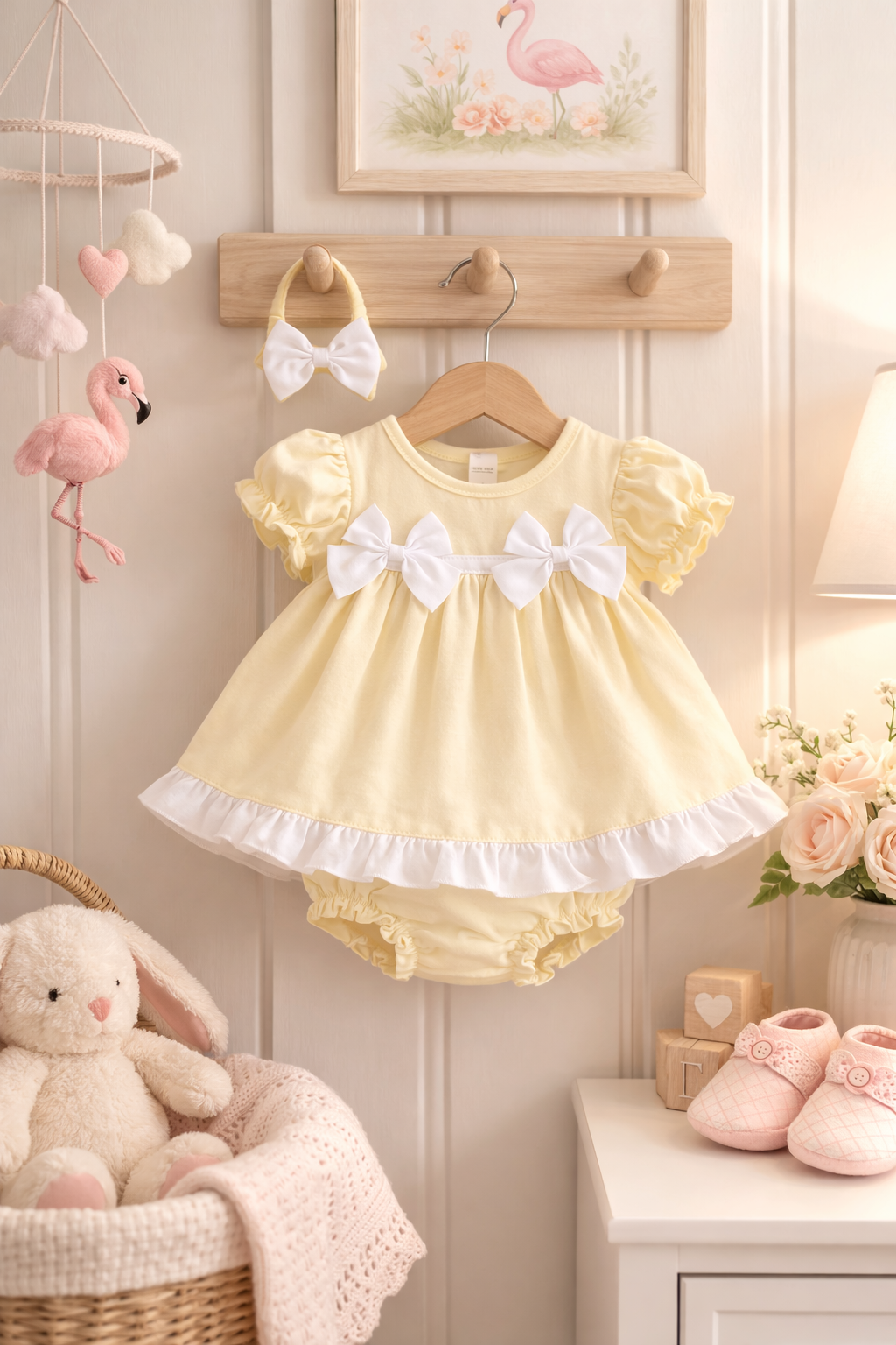 Yellow baby dress with white accents hanging on a wooden hanger in a nursery setting.