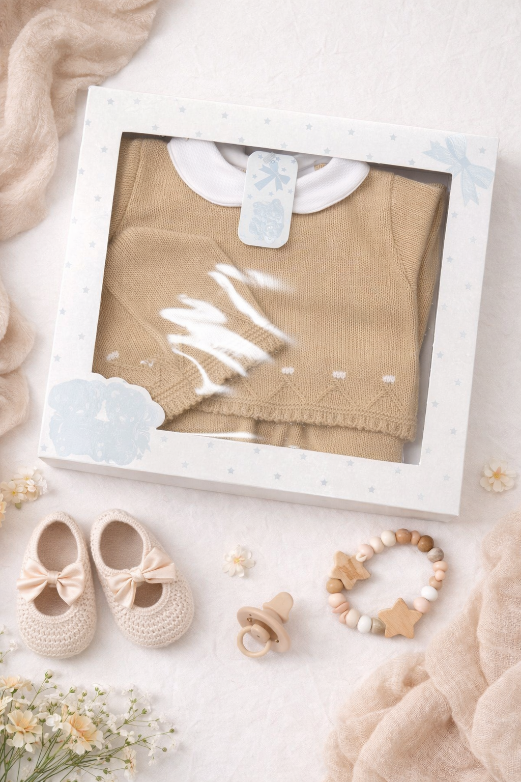 Luxurious 3-piece Spanish knit baby set in Beige. Includes  Perfect for newborns, baby showers & special occasions.