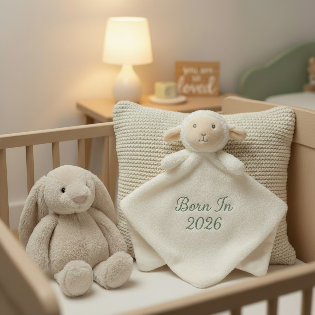 Lamb Comforter - Born In 2026 - Sage Green Thread - Nursery Cot Mockup