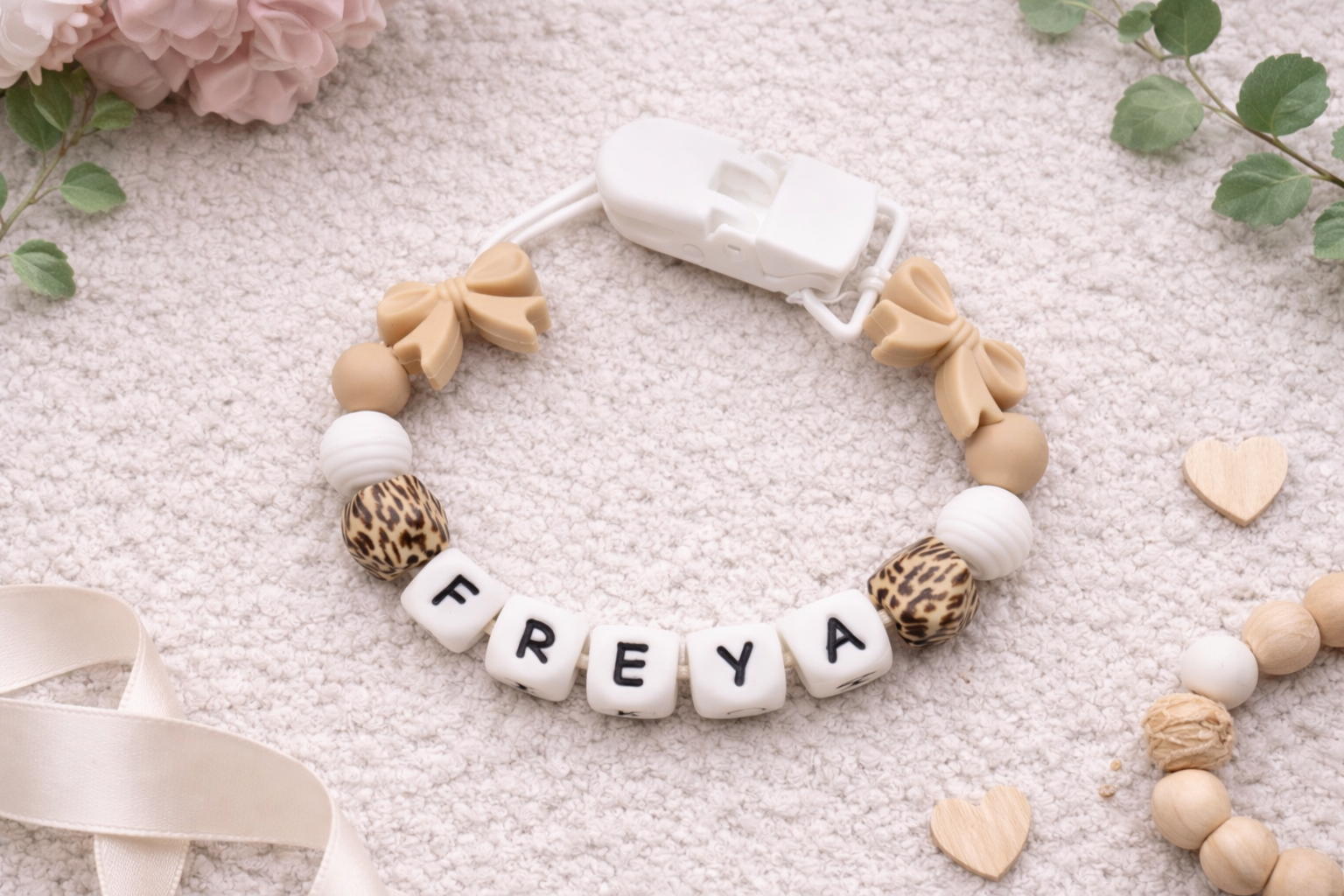 personalised leopard print silicone dummy clip for baby girls