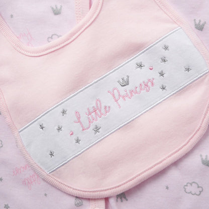 Pink baby bib with 'Little Princess' embroidery on a matching fabric background.