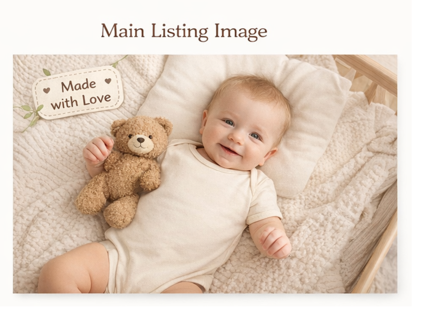 Baby lying in a crib with a teddy bear, surrounded by soft bedding, with a 'Made with Love' tag.