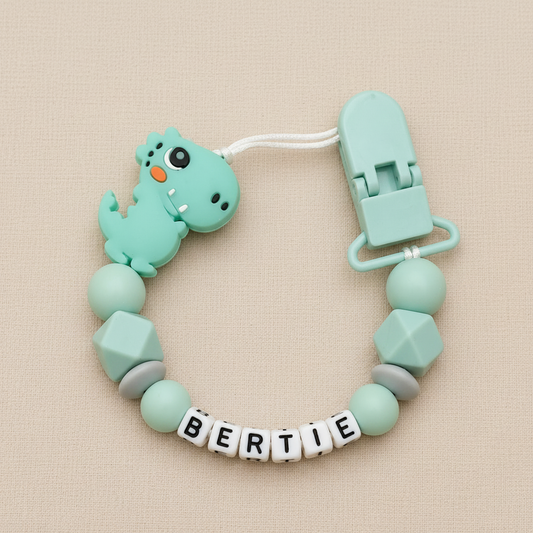 Mint & Grey Dinosaur Dummy Clip - Beige Background