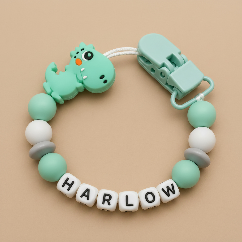 Personalised Dinosaur Dummy Clip - Mint, White & Grey (Plastic Letter Design)