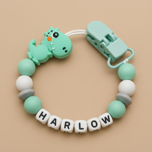 Personalised Dinosaur Dummy Clip - Mint, White & Grey (Plastic Letter Design)