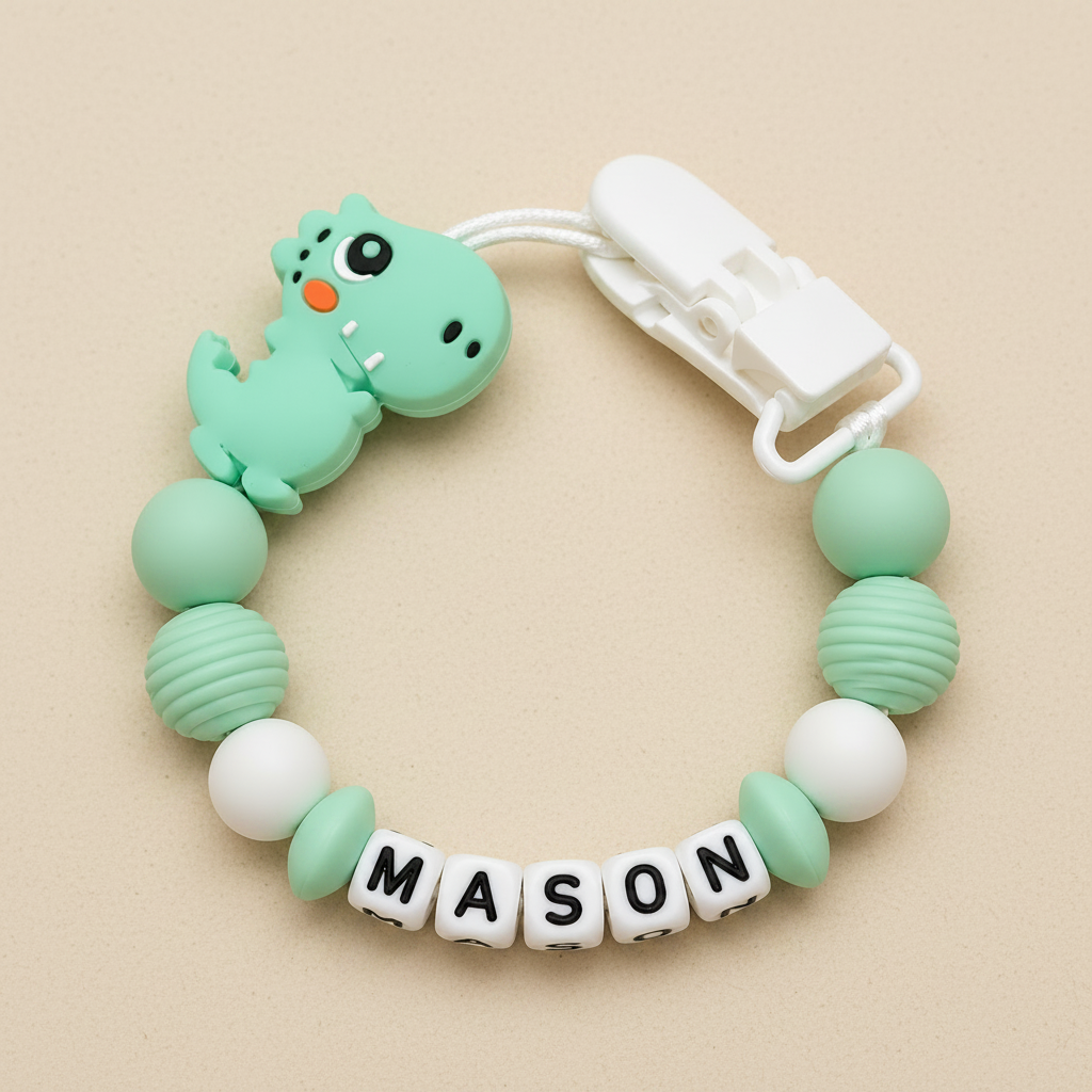 Mint White Mason personalised dummy clip
