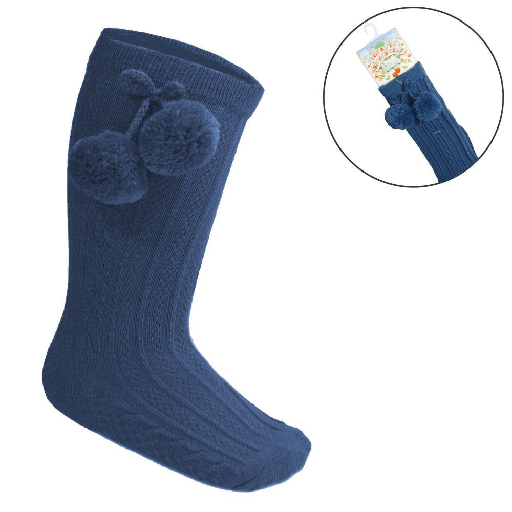 Blue knee-high sock with pom-poms on a white background
