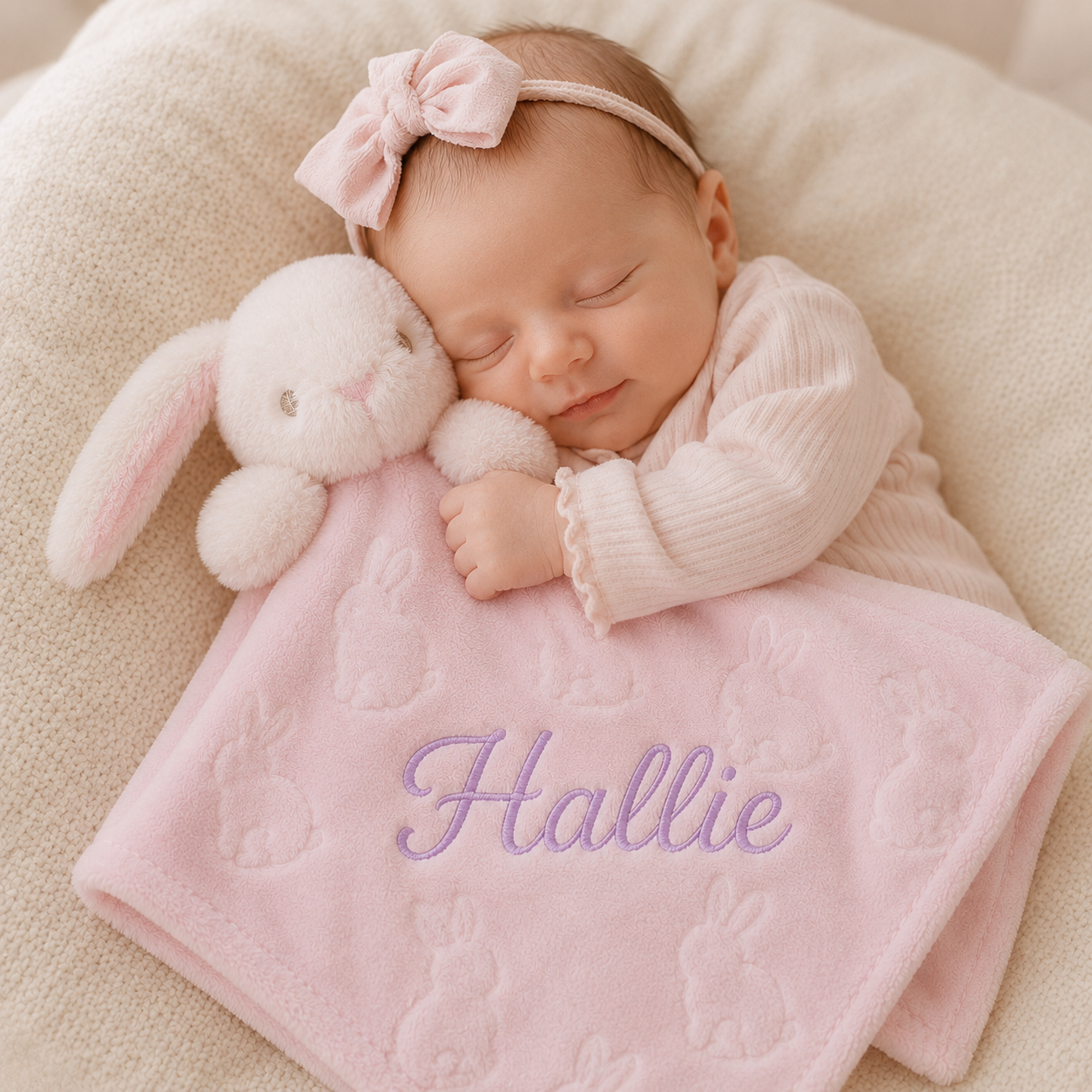 Newborn baby sleeping with a pink bunny toy and blanket with 'Hallie' embroidered on it.