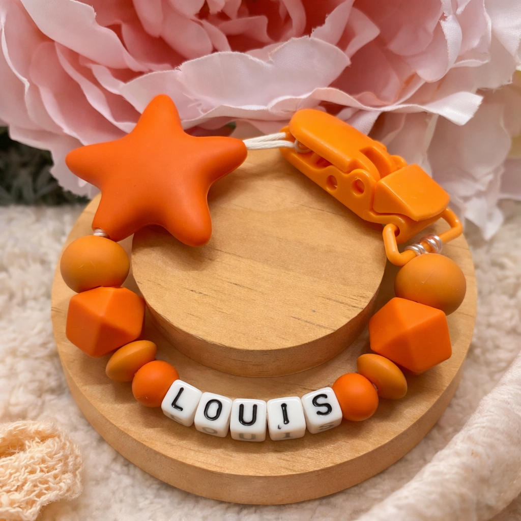 Personalised Orange Star Dummy Clip (Small Plastic Letter Design)