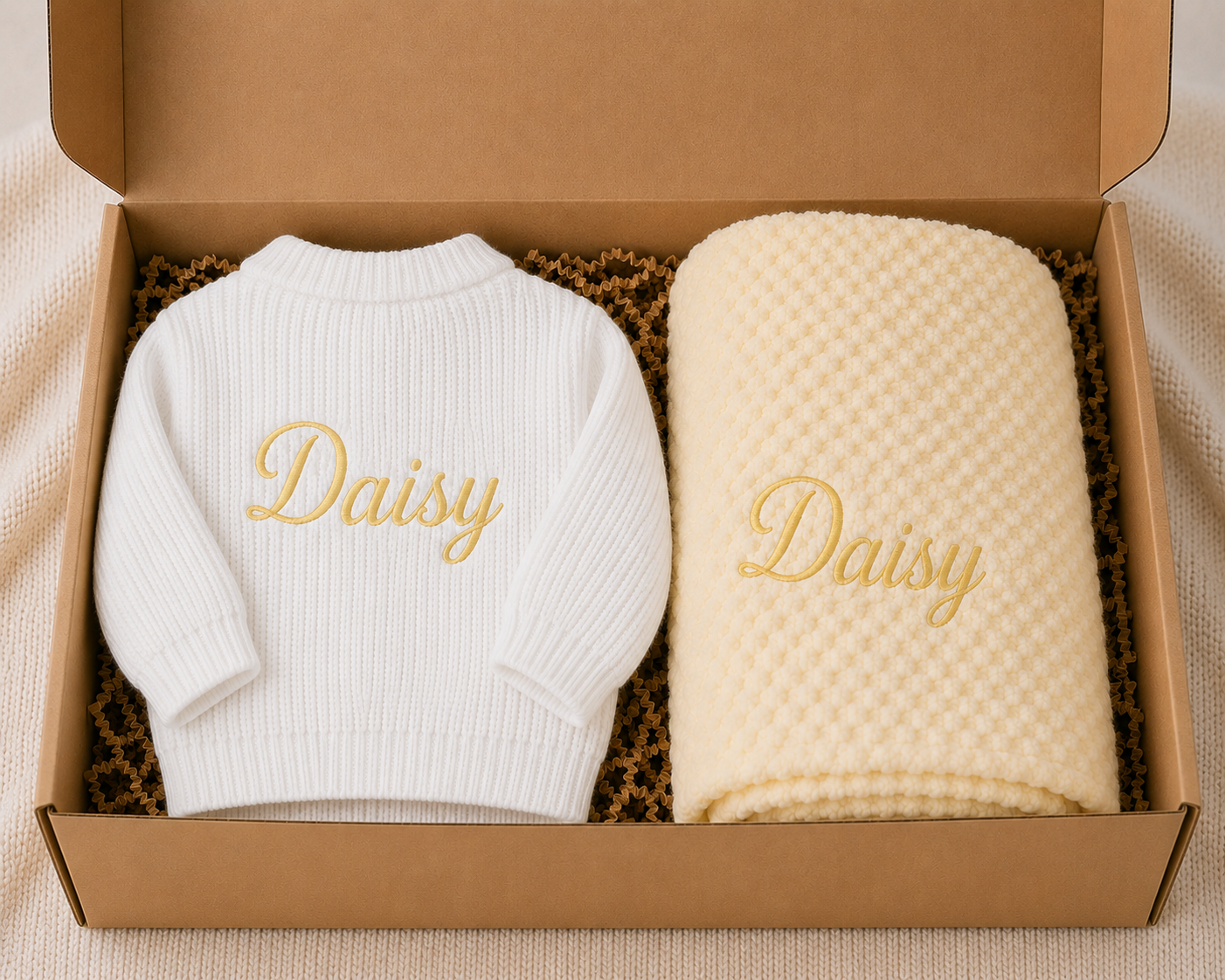 White baby sweater and beige blanket with 'Daisy' embroidery in a cardboard box.