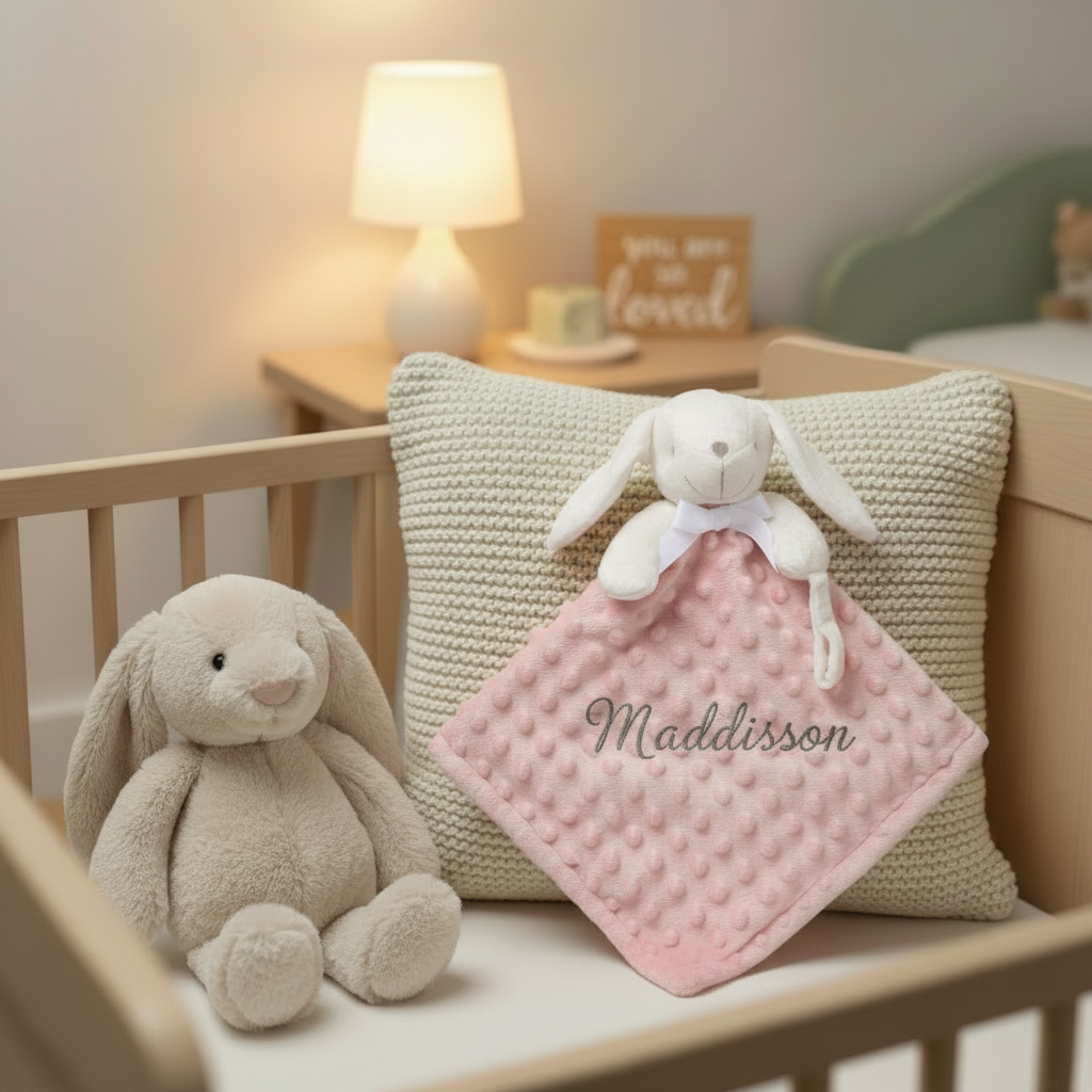 Pink Bunny Comforter - Maddison - Silver Thread - Nursery Cot Mockup