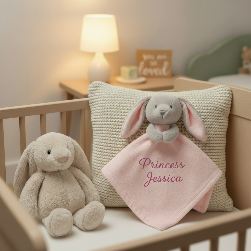 Pink & Grey Bunny Comforter - Princess Jessica - Fuchsia Thread - Nursery Cot Mockup