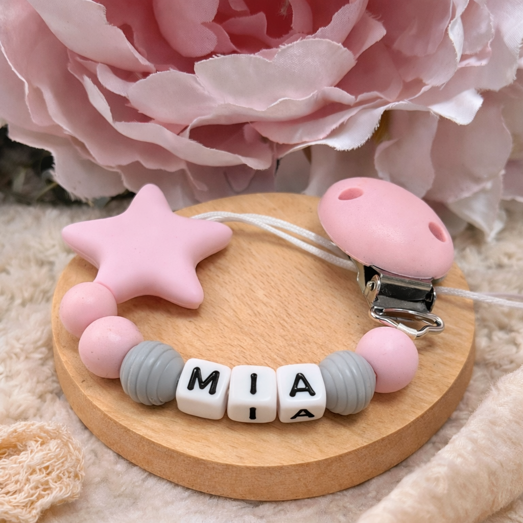 Personalised Pink & Grey Star Dummy Clip (Small Plastic Letter Design)