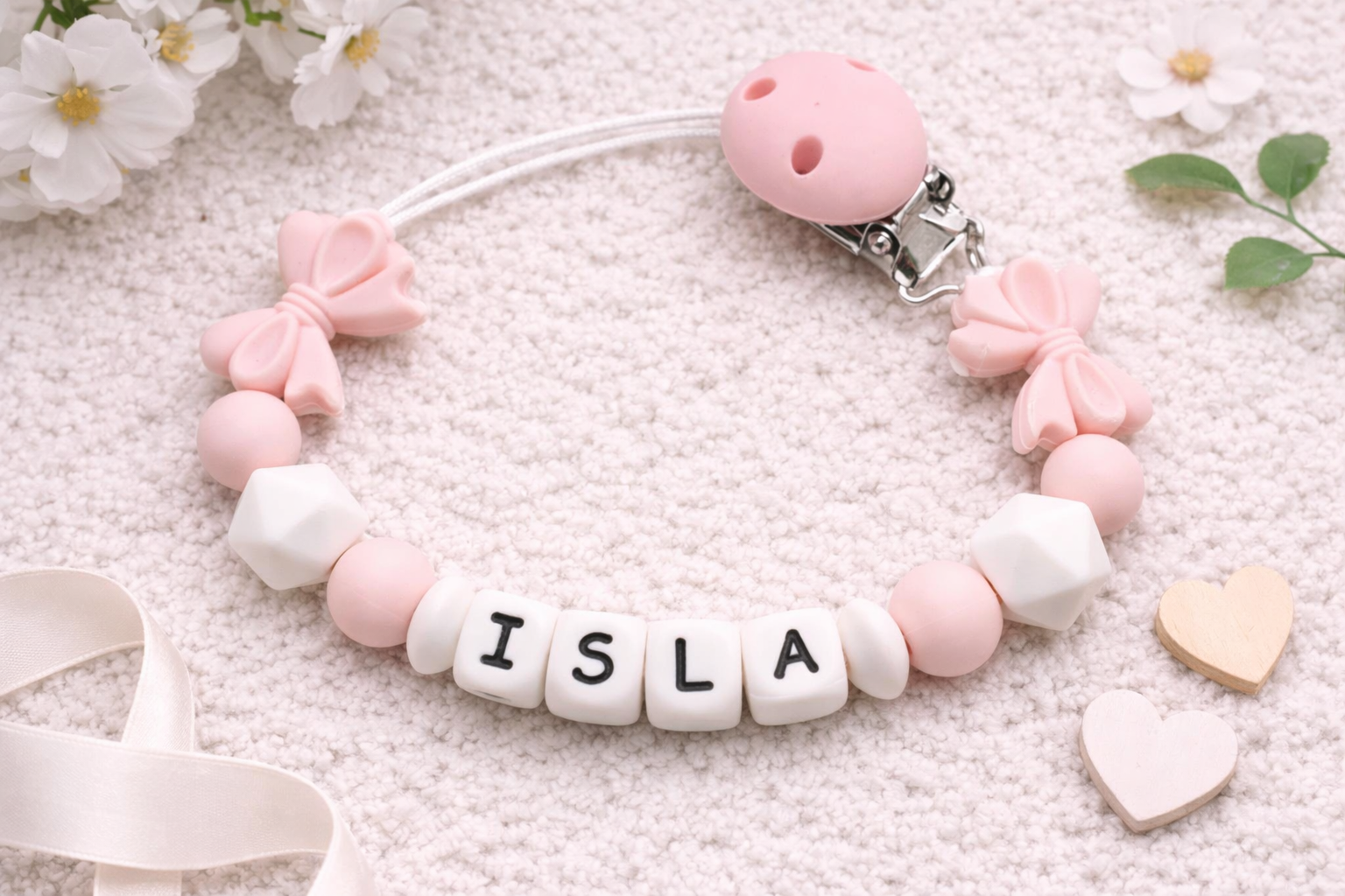 Personalised pink and white bow dummy clip
