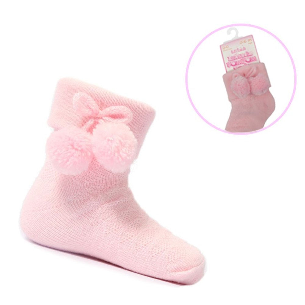 Pink Ankle Pom Pom Socks - 0-24 Months