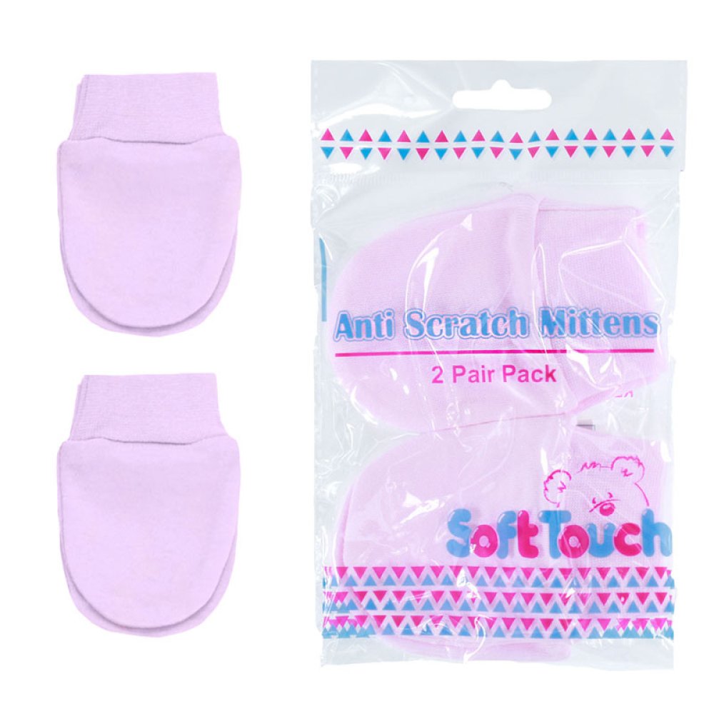 Purple anti-scratch mittens with packaging labeled 'Soft Touch' on a white background