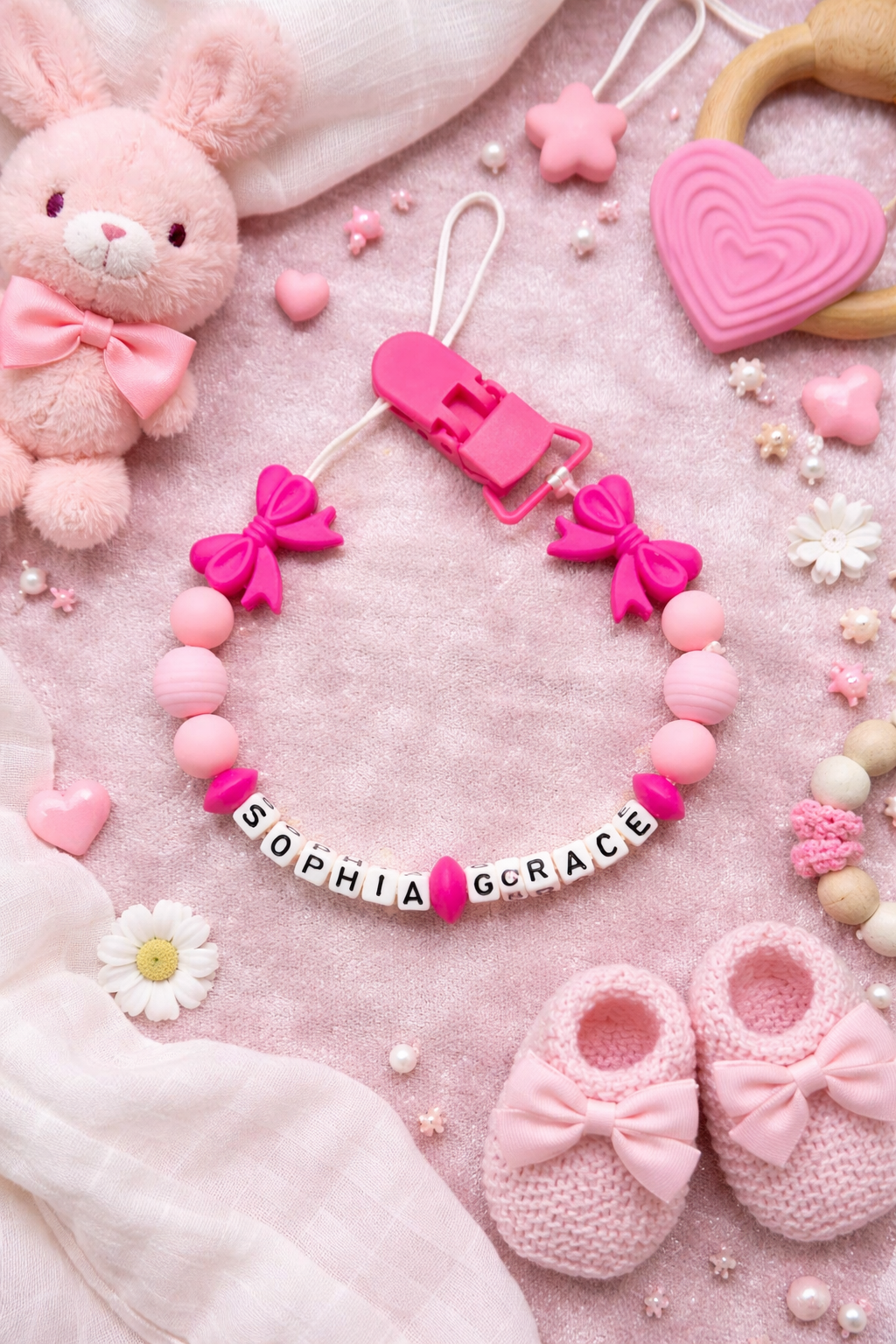 personalised bow dummy clip with plastic name beads affordable and adorable