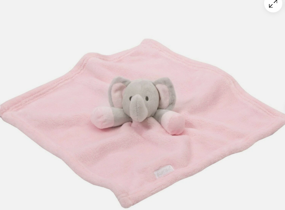 Pink blanket with a gray elephant toy on a white background