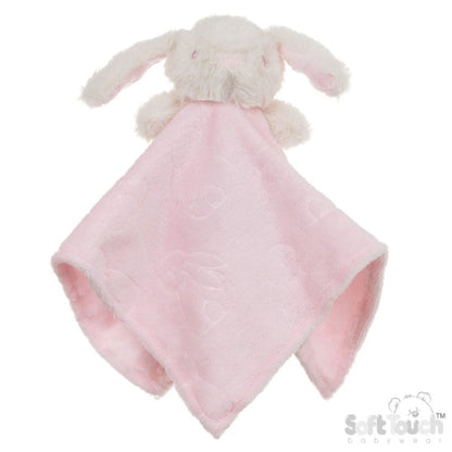 Pink plush blanket with a white bunny toy on a white background