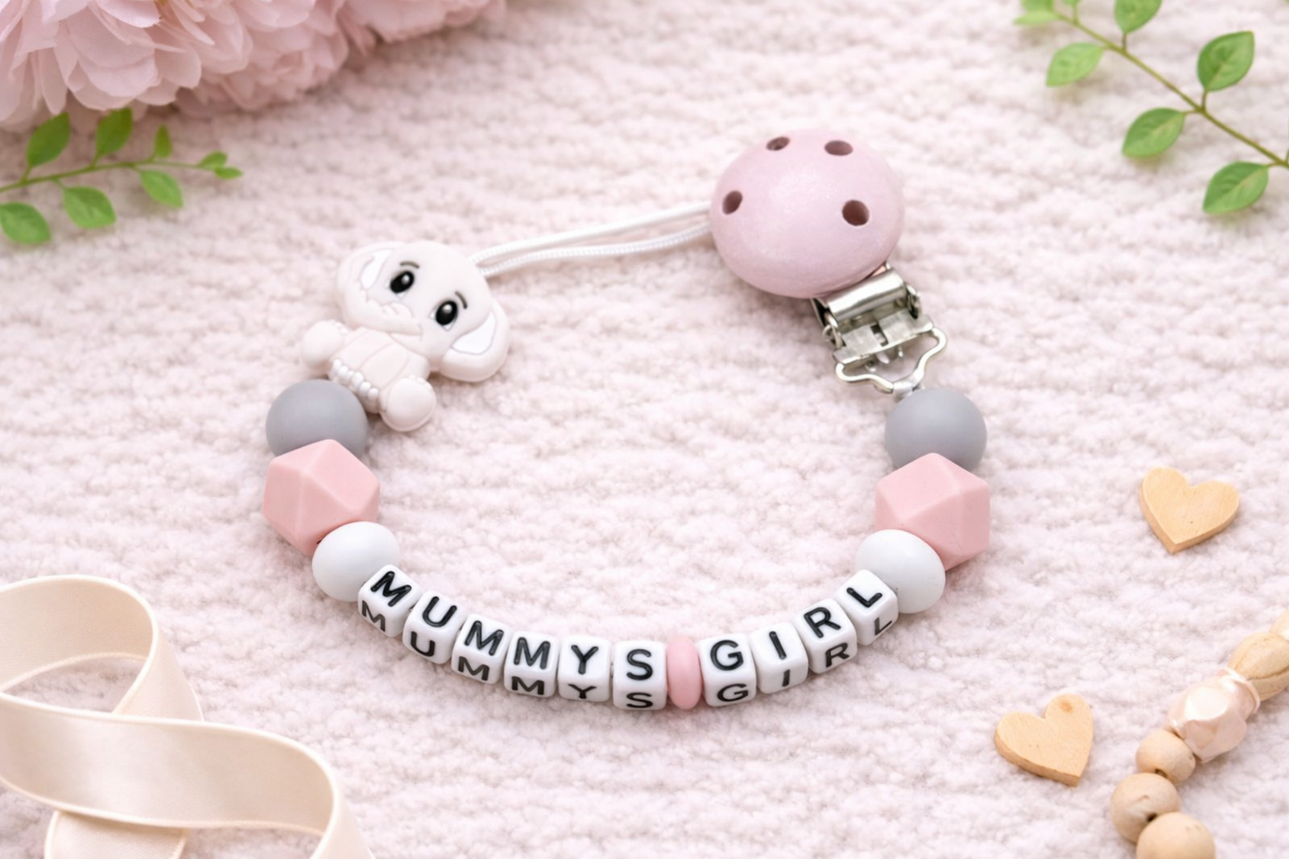Personalised Dummy Clip - Mummy's Girl - Pink & Grey (Small Plastic Letter Design)