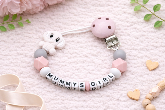 Personalised Dummy Clip - Mummy's Girl - Pink & Grey (Small Plastic Letter Design)