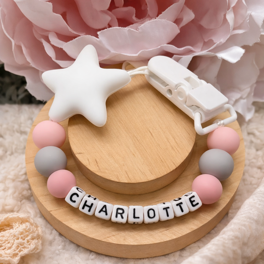 Personalised White Star Dummy Clip (Small Plastic Letter Design)