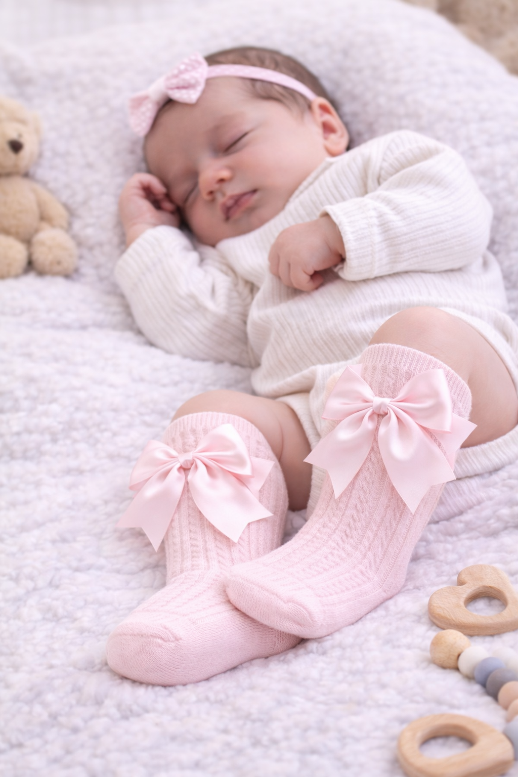 Sleeping newborn baby girl wearing pink knee-high socks with satin bows, resting on a soft white blanket with wooden baby toys nearby.