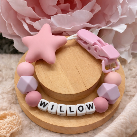 Personalised Pink & Lilac Star Dummy Clip (Small Plastic Letter Design)