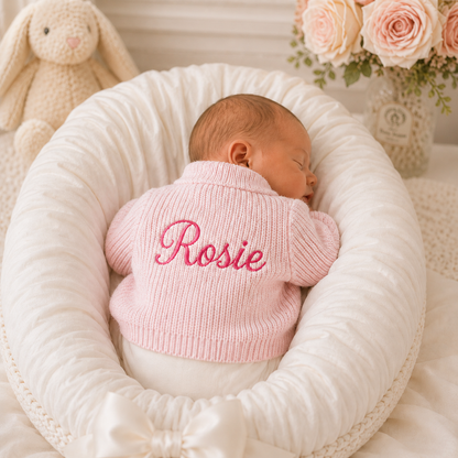 Newborn baby in a pink sweater with 'Rosie' embroidered, surrounded by soft toys and flowers.