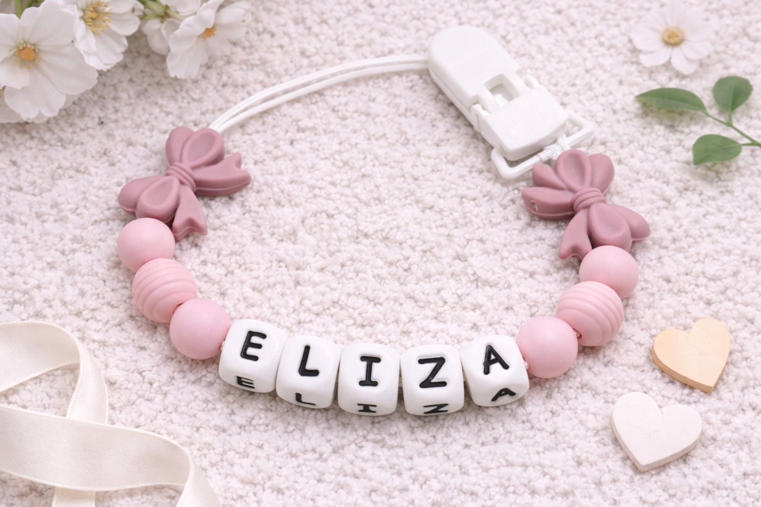 Personalised with the name eliza beautiful pacifier clip