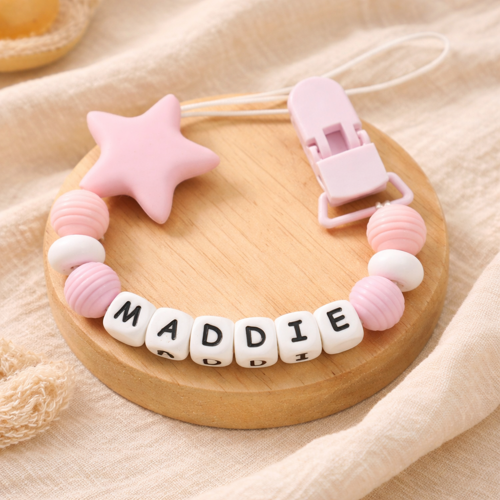 Personalised Pink Star Dummy Clip (Silicone Letter Design)
