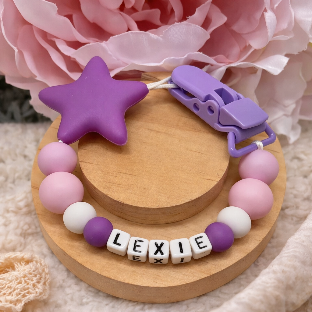 Personalised Purple & Pink Star Dummy Clip (Small Plastic Letter Design)