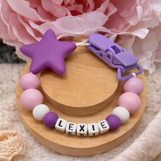Personalised Purple & Pink Star Dummy Clip (Small Plastic Letter Design)