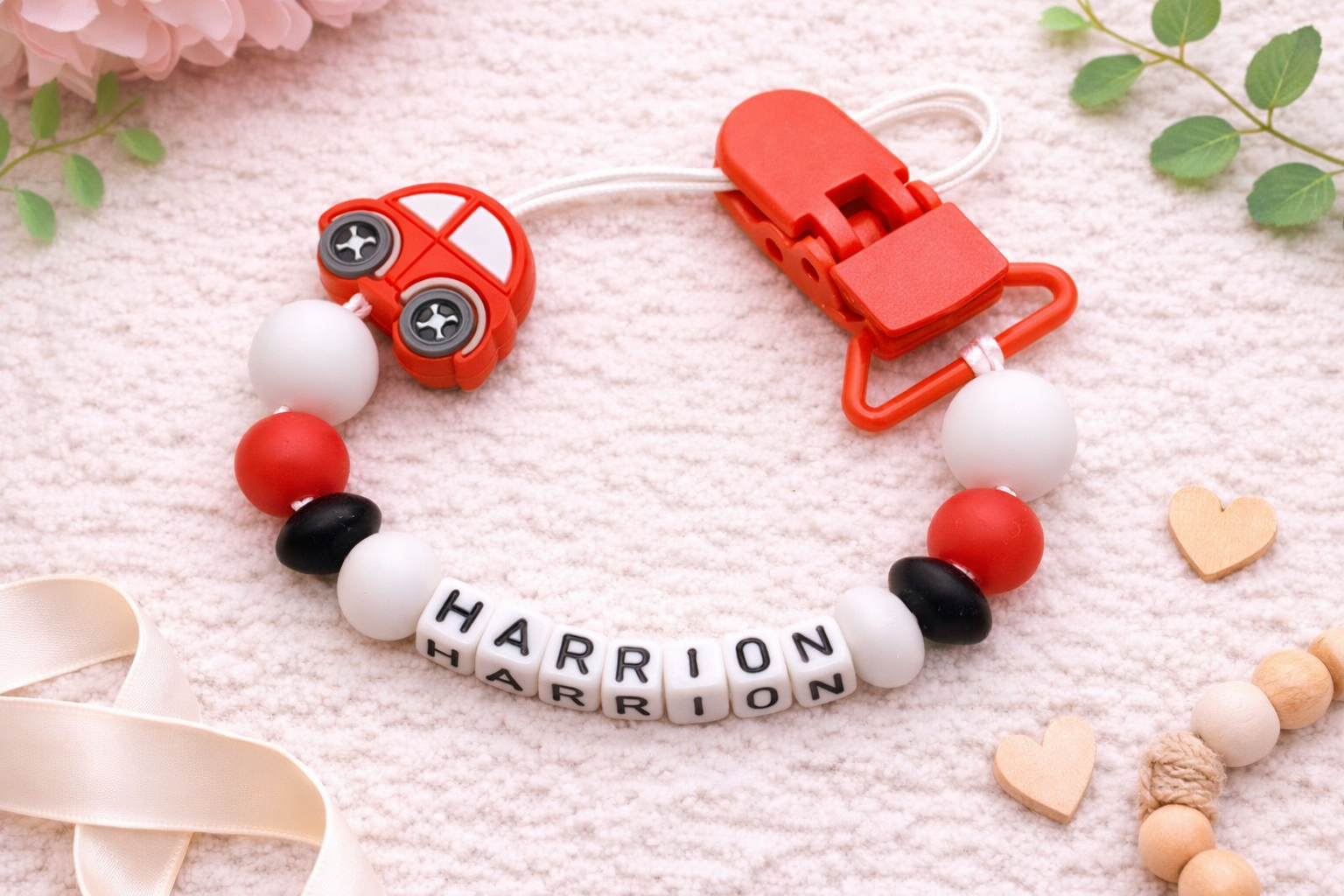 Red Car Dummy Clip - Custom Silicone Pacifier Holder (Small Plastic Letter Design)