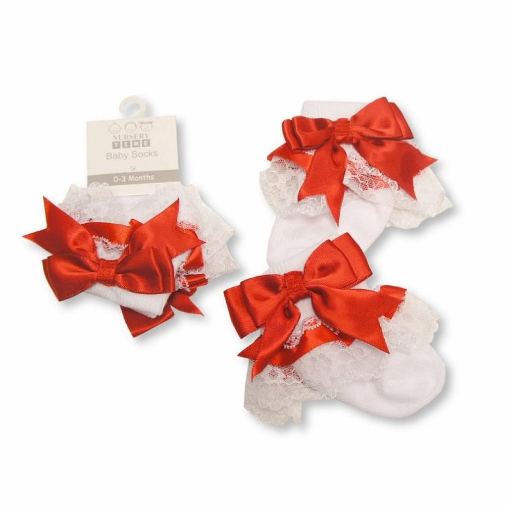 Baby Girl Fancy Lace Satin Red Bow White Ankle Socks
