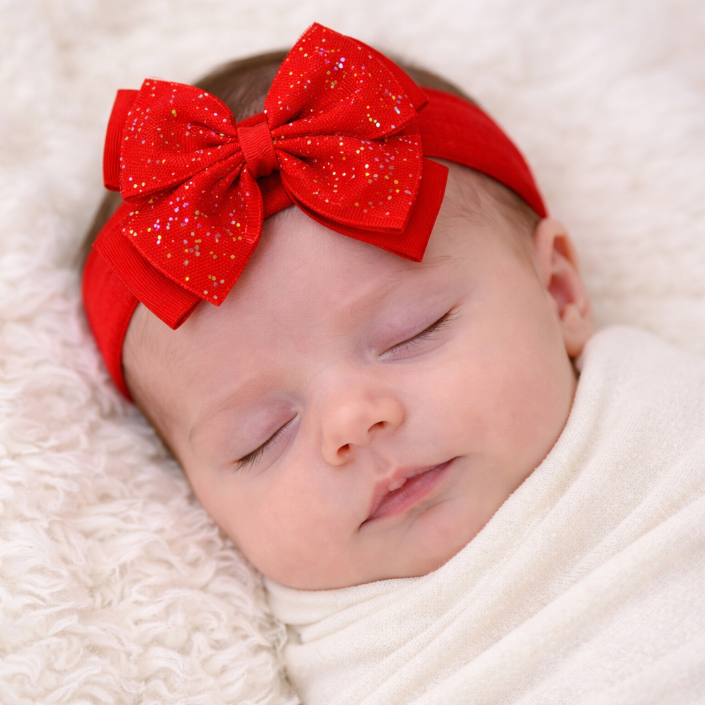 red gitterbow baby headband on a newborn baby