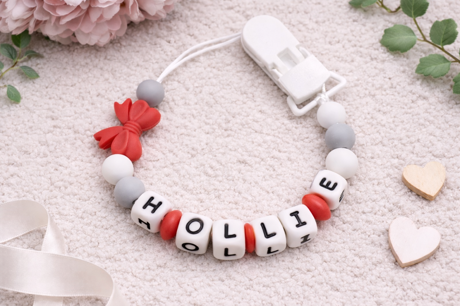 personalised red grey and white bow dummy clip