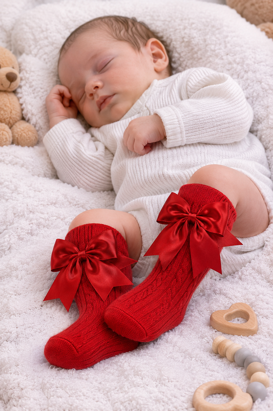 Red Ribbed Knee High Baby Socks with Satin Bow – 0-24 Months ✨ PRE-ORDER