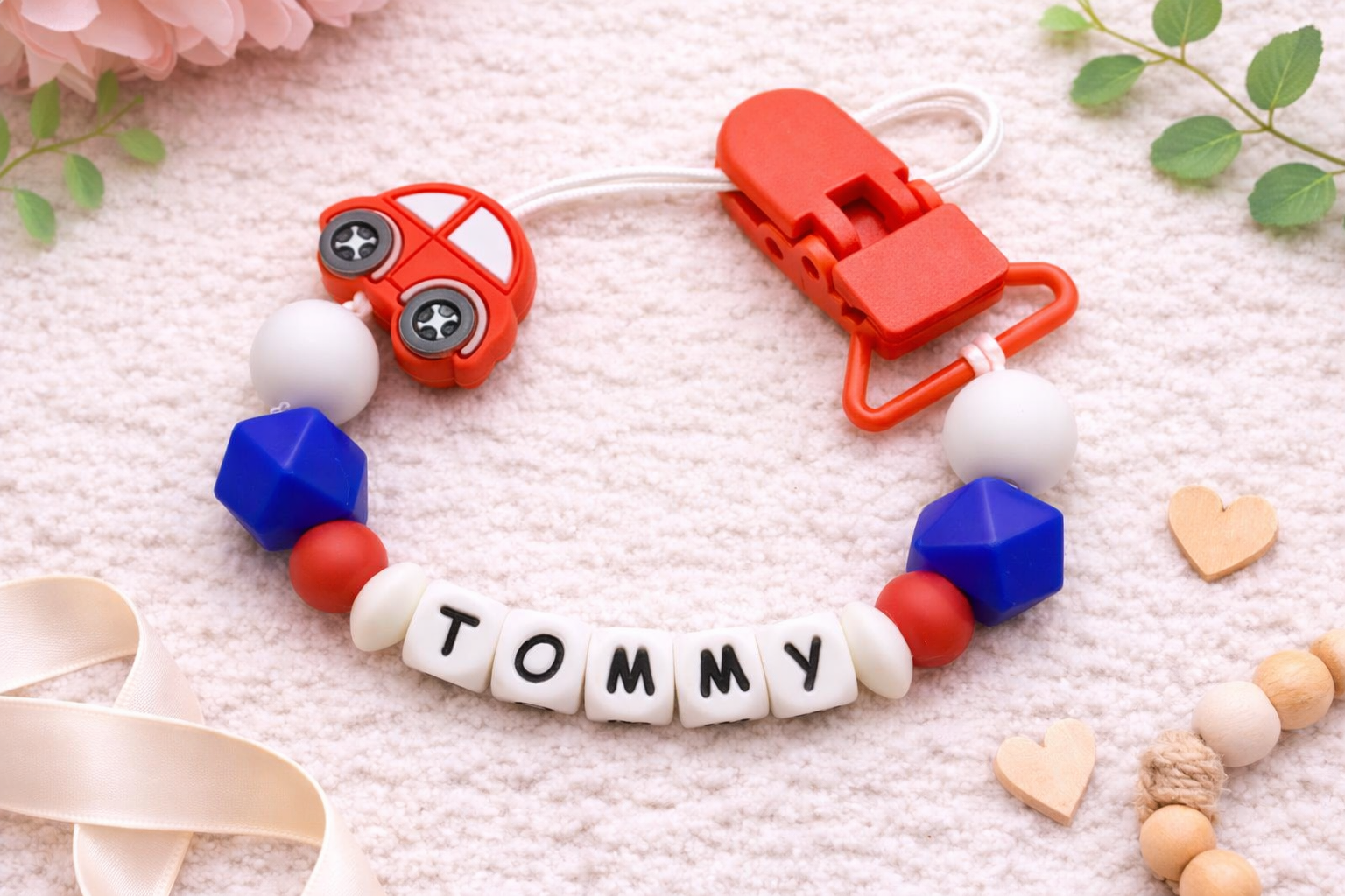 Red/White/Blue Car Dummy Clip - Custom Silicone Pacifier Holder (Silicone Letter Design)