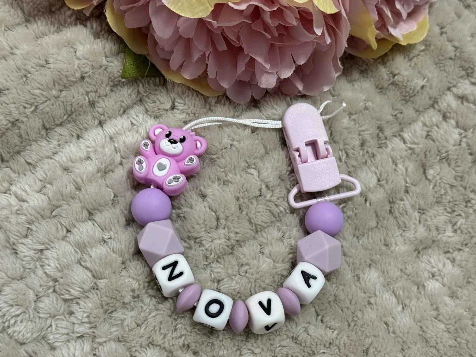 Personalised Teddy Bear Dummy Clip – Lilac & Purple (Silicone Letter Design)