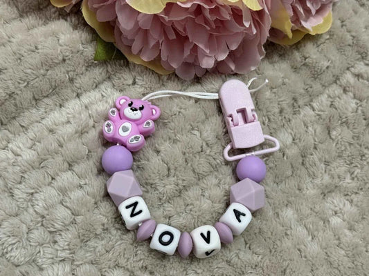 Personalised Teddy Bear Dummy Clip – Lilac & Purple (Silicone Letter Design)