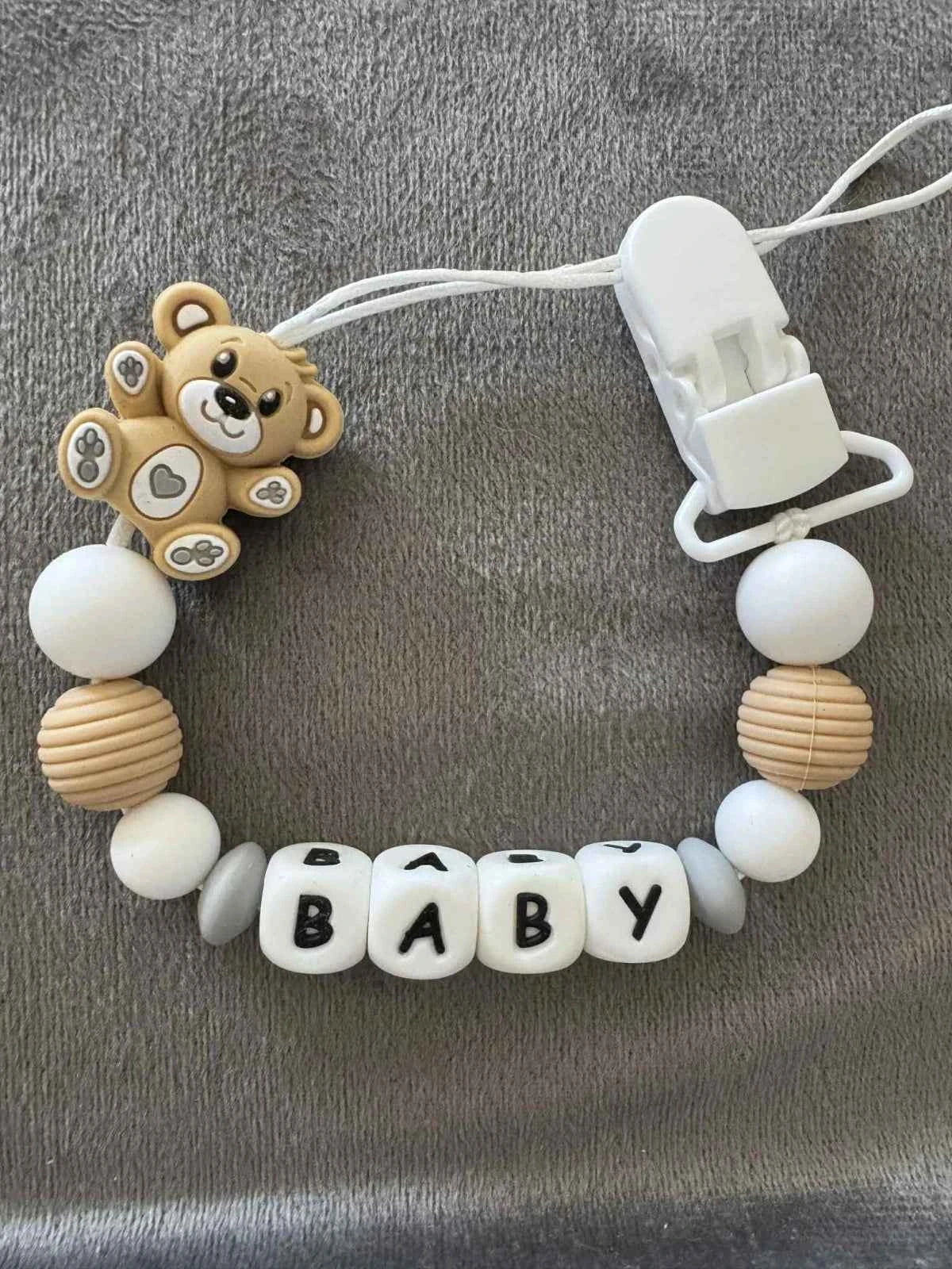 Personalised Teddy Bear Dummy Clip – Natural, White & Grey (Silicone Letter Design)