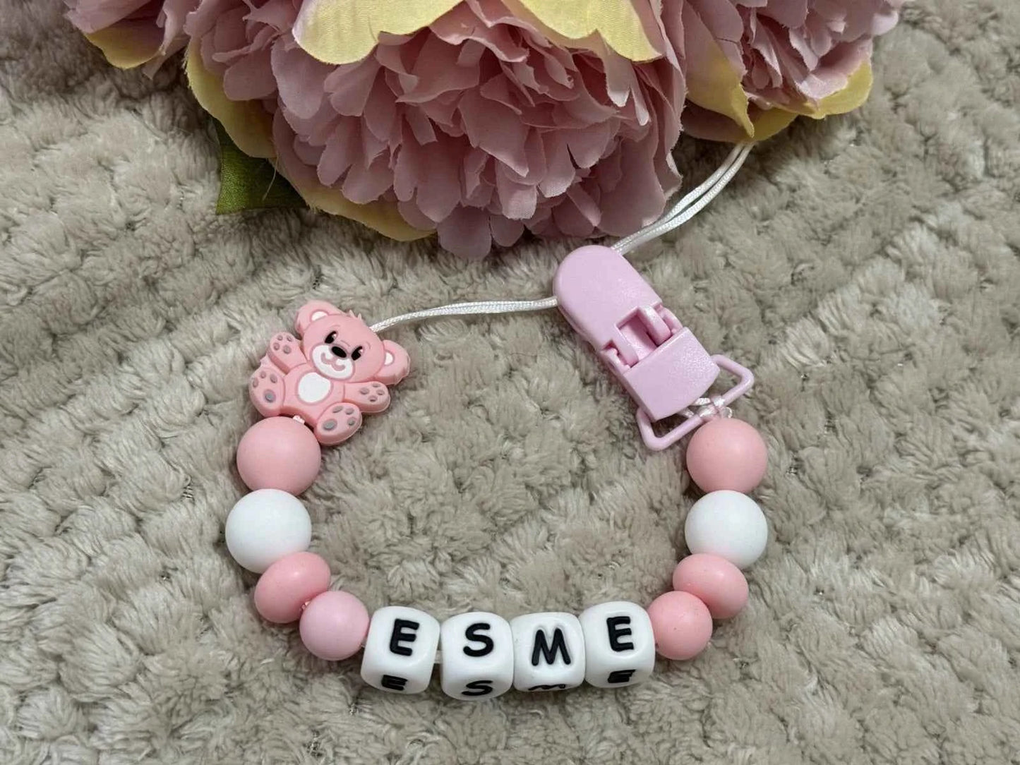 Personalised Teddy Bear Dummy Clip – Baby Pink & White (Silicone Letter Design)
