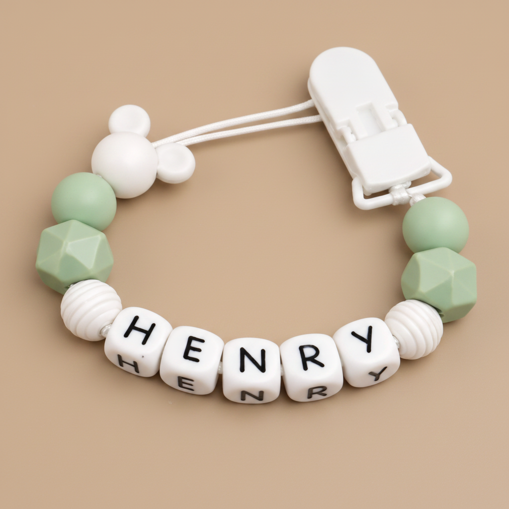 Sage Green & White Henry Dummy Clip on Taupe Background