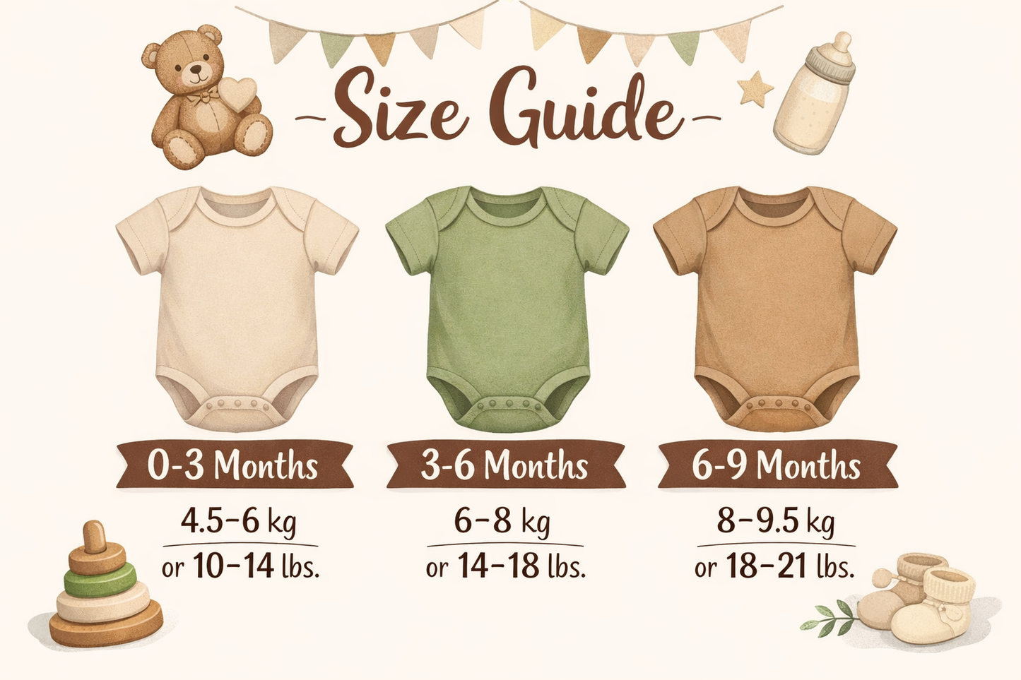 Baby size guide with illustrations of baby clothes, toys, and weight/kg measurements.