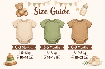 Baby size guide with illustrations of baby clothes, toys, and weight/kg measurements.