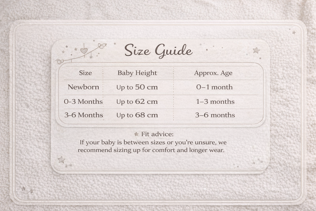 Size guide for baby clothing on a textured fabric background