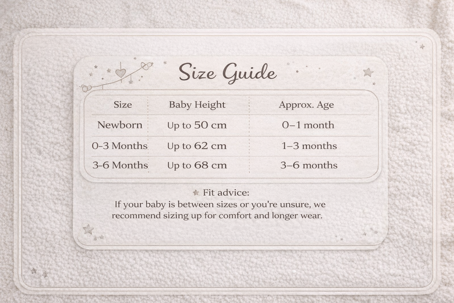 Size guide for baby clothing on a textured fabric background