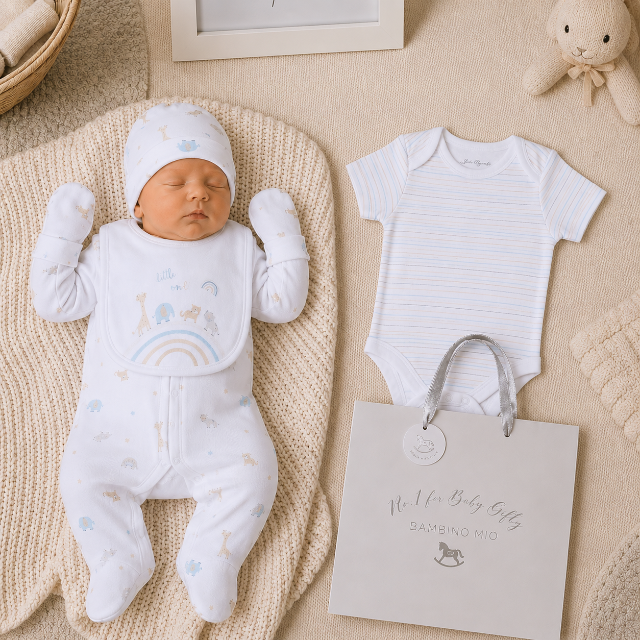 Newborn baby in white outfit with rainbow design, next to a striped onesie and gift bag on a beige blanket.